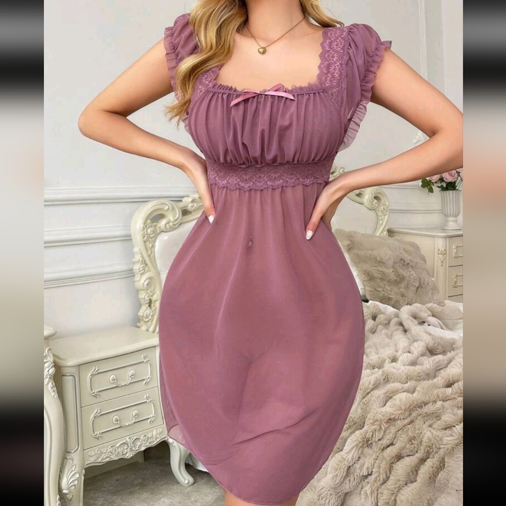 Sexy Lace Bowknot Semi-Transparent Nightgown For Women - Picture 2 of 4